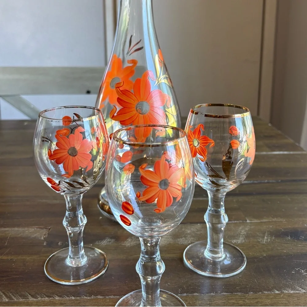 MCM Decanter Set Orange & Gold Gilded Striped Cordial Glass Hand Painted Floral